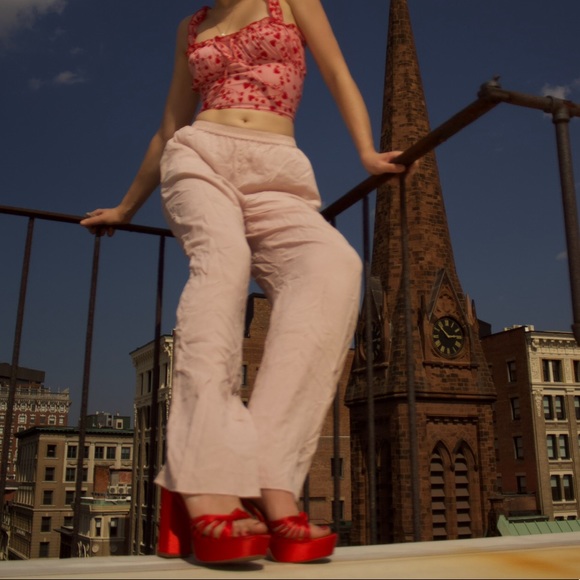 Red satin open toe heels - Picture 2 of 5